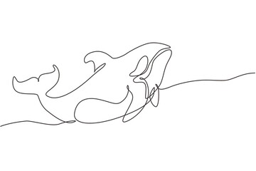 Single continuous line drawing whale killer in water. Orca in swimming pool. Wild whale killer fish swimming in sea life. Orca in under ocean water. One line draw graphic design vector illustration