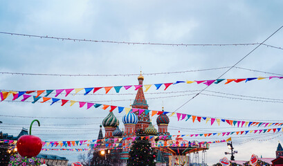 Celebration of the New Year and Christmas on the Red Square in the center of Moscow. Holiday fair...