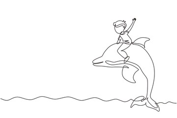 Single continuous line drawing little boy riding dolphin. Young kid sitting on back dolphin in swimming pool. Children with dolphin swimming in water. One line draw graphic design vector illustration