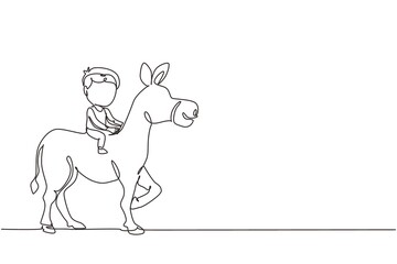 Continuous one line drawing happy cute boy riding cute donkey. Child sitting on back donkey with saddle in ranch park. Kids learning to ride donkey. Single line draw design vector graphic illustration