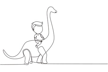 Single one line drawing little boy caveman riding brontosaurus. Young kid sitting on back of dinosaur. Ancient human life concept. Modern continuous line draw design graphic vector illustration © Simple Line