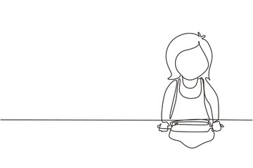 Single one line drawing little girl stretching dough with rolling pin. Kids making homemade bakery at kitchen. Children doing housework chores at home. Continuous line draw design graphic vector