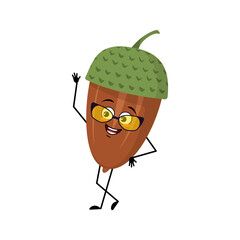 Character acorn with glasses and joyful emotions, joyful face, smile eyes, arms and legs. Cheerful forest plant, autumn nut