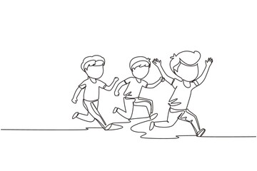 Single continuous line drawing children in athletics competitions. The boys run in stadium and finish. The child came running first and won. Dynamic one line draw graphic design vector illustration