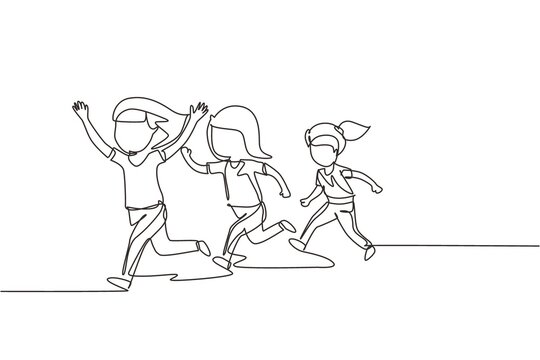 Single continuous line drawing children in athletics competitions. The girls run in stadium and finish. The child came running first and won. Dynamic one line draw graphic design vector illustration