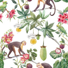 Beautiful seamless tropical floral pattern with cute hand drawn watercolor monkey and exotic jungle flowers. Stock illustration. © Zenina-Lembrik