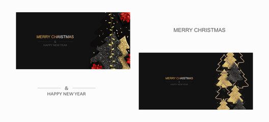 Xmas Poster, greeting cards, banner. New Year horizontal Background. Flat top view of gift boxes and Luminous garlands.
