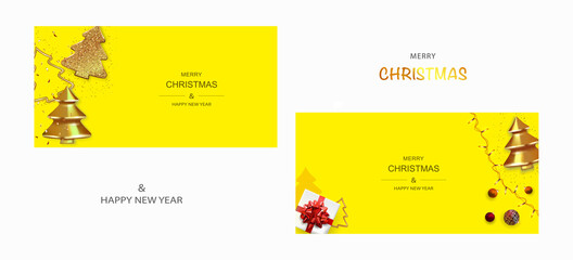 Xmas Poster, greeting cards, banner. New Year horizontal Background. Flat top view of gift boxes and Luminous garlands. - 454683990