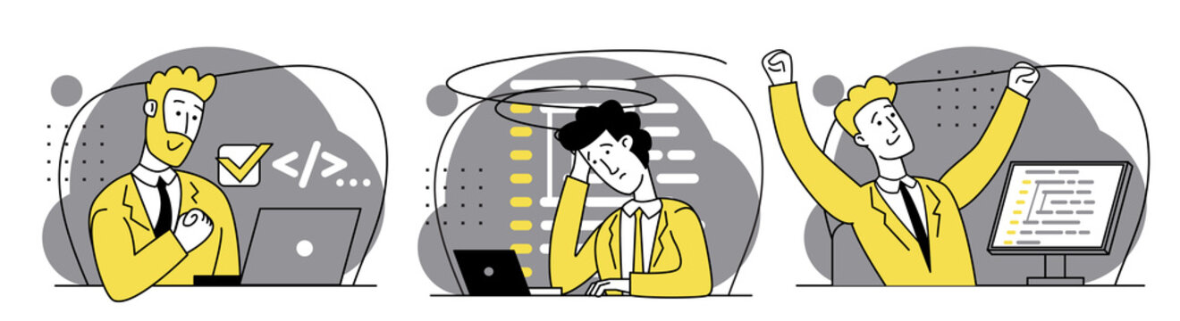 Concept of script coding, programming. A programming language. Programmer working on web development on computer. Software developers. Workplace of the programmer. Set of Flat vector illustrations