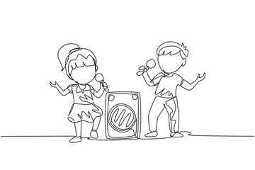 Single one line drawing little boy and girl sing a song together. Good performance and talent on stage. Beautiful melodic singing of children. Continuous line draw design graphic vector illustration - obrazy, fototapety, plakaty