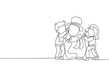 Single one line drawing happy children make snowman together. Snowy forest, little boys and girls in warm clothes, New Year's snowman. Modern continuous line draw design graphic vector illustration