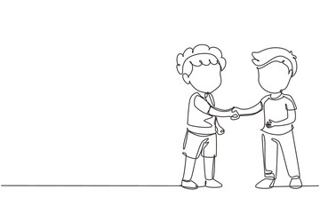 Single one line drawing boys standing and shaking hands making friendship. Children introduce themselves. Cute boys touching each other's hand. Continuous line draw design graphic vector illustration