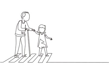 Single continuous line drawing polite girl helping grandfather to cross street. Courteous kind kid taking old man across road, holding hand. Manners and respect. One line draw graphic design vector