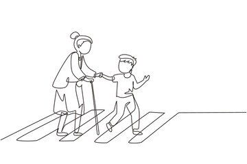 Single continuous line drawing polite boy help grandmother cross street. Well mannered child assistance to aged woman. Kid and elderly female go on crosswalk together. One line graphic design vector