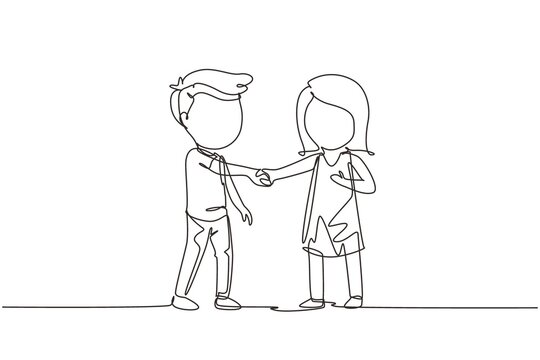 Single one line drawing boys and girls standing and shaking hands making friendship. Children introduce themselves. Kids touching each other's hand. Continuous line design graphic vector illustration