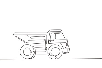 Single one line drawing dump truck toy. Heavy automobile for children's play. Auto in flat design. Kids toy dump truck transportation. Modern continuous line draw design graphic vector illustration