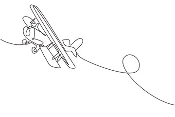Continuous one line drawing vintage airplanes models. Retro motor aircraft with propeller icon. Monoplane and biplane planes. Air transportation. Single line draw design vector graphic illustration - obrazy, fototapety, plakaty