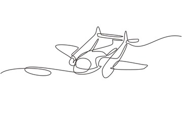 Obraz premium Single continuous line drawing vintage airplanes models. Retro motor aircraft with propeller icon. Monoplane and biplane planes. Air transportation. One line draw graphic design vector illustration