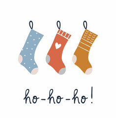 Hand drawn christmas socks with lettering "ho-ho-ho". Festive xmas greeting card template.