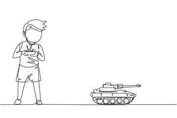Single one line drawing boy playing with remote-controlled toy battle tank. Kids playing with electronic toy tank with remote control in hands. Continuous line draw design graphic vector illustration