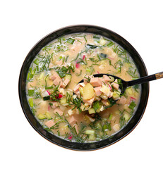 Bowl with tasty okroshka on white background
