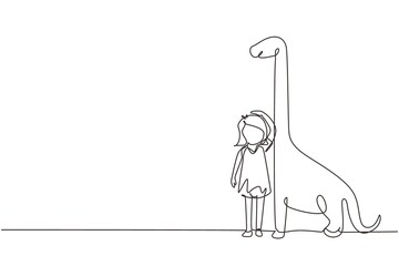 Single one line drawing little girl measuring her height with brontosaurus height chart on wall. Kid measures growth. Child measuring height. Continuous line draw design graphic vector illustration