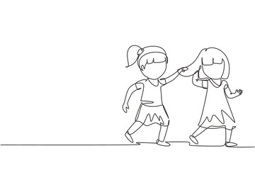 Single continuous line drawing toddler kids girls fighting with one pulling hair of the other. She look of shock and pain. Problem of physical bullying at school. One line draw graphic design vector