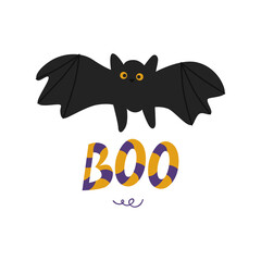 The inscription "Boo" for Halloween with a bat. Vector illustration isolated on a white background. For design, decoration, postcards