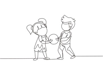 Continuous one line drawing Kids girl and boy brother  sister fighting over a ball. Conflict between children. Kids sibling fighting in playroom because of toy. Single line draw design vector graphic