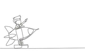 Continuous one line drawing little boy riding in toy rocket. Kid driving spaceship in amusement park. Child in rocket riding cosmic ship. Playground for preschoolers. Single line draw design vector