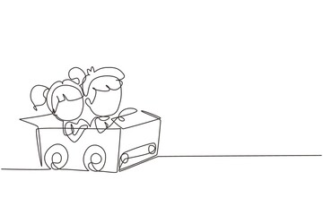 Single one line drawing boy and girl driving with cardboard car. Happy child ride on toy car made of cardboard. Creative kids plays with her cardboard car. Continuous line draw design graphic vector
