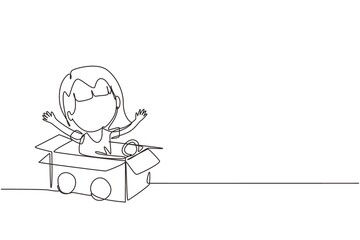 Continuous one line drawing girl driving cardboard car. Happy child ride on toy car made of cardboard. Creative kids plays with her cardboard car. Single line draw design vector graphic illustration