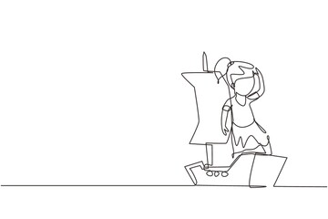 Single continuous line drawing little girl playing sailor with boat made of cardboard box. Creative kid character playing ship made of cardboard boxes. One line draw graphic design vector illustration