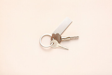 Keys with stylish keychain on light background