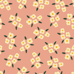 White flowers on rose pink seamless vector background. Repeating floral bouquet pattern simple vintage flower illustration. Cute retro ditsy flower print for home decor, fabric, kids fashion.