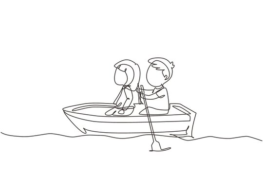 recommend clip art: Single continuous line drawing little boy and girl riding on boat together. Kids riding on wooden boat at river. Kids rowing boat on lake. Happy children paddle boat. One line graphic design vector