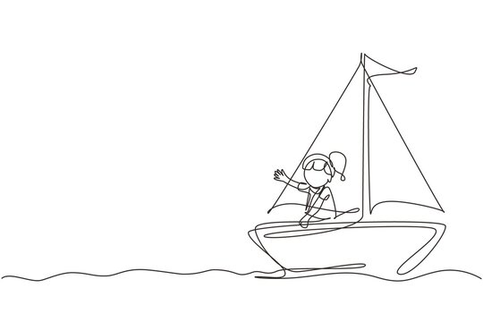 Single continuous line drawing smiling little girl in sailboat. Happy kids sailing boats. Cute little children on boat. Joyful adventures and travel. One line draw graphic design vector illustration