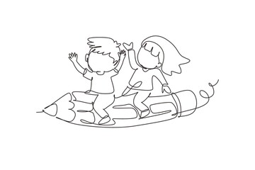 Fototapeta na wymiar Continuous one line drawing happy school kids riding flying pencil, get ready for studying. Children riding on stationary. Back to school concept. Single line draw design vector graphic illustration