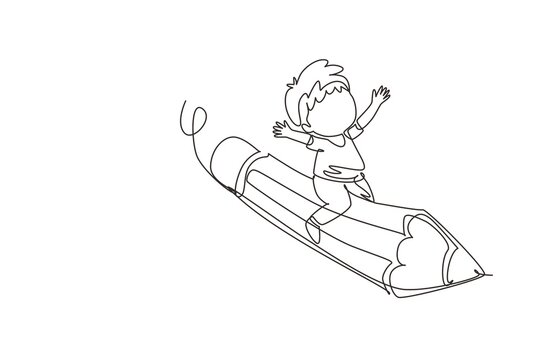 Single one line drawing happy boy sitting on flying pencil, get ready for studying. Kids riding on stationary. Back to school or creative thinking concept. Modern continuous line draw design graphic