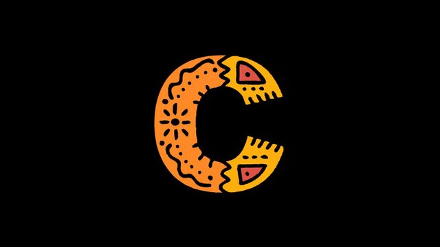 Letter C. 4K, Transparent Alpha channel. Cartoon Animation, Shake twitch effect. Ethnic ornament, national folk pattern in letter. 3 colors. Capital Letter C for ABC education, erudition, game.