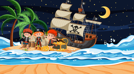 Naklejka premium Treasure Island scene at night with Pirate kids