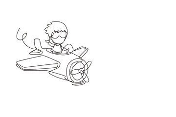 Continuous one line drawing little boy operating plane. Kids flying in airplane. Happy smiling kid flying plane like real pilot and dreaming of piloting profession. Single line draw design vector