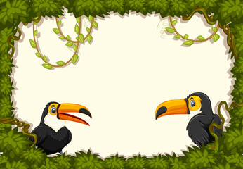 Empty banner with leaves frame and toucan cartoon character