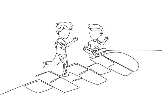 Single Continuous Line Drawing Two Little Boys Playing Hopscotch At Kindergarten Yard. Kids Playing Hopscotch Game Outside. Hop Scotch Court Drawn With Chalk. One Line Draw Graphic Design Vector