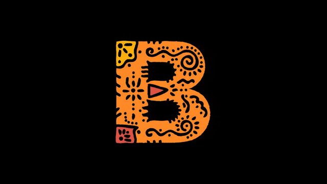 Letter B. 4K, Transparent Alpha channel. Cartoon Animation, Shake twitch effect. Ethnic ornament, national folk pattern in letter. 3 colors. Capital Letter B for ABC education, erudition, game.
