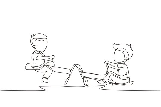 Continuous one line drawing two little boys swinging on seesaw. Kids having fun at playground. Cute kids playing seesaw together in kindergarten. Single line draw design vector graphic illustration