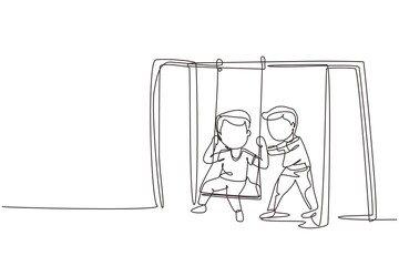 Single continuous line drawing cute little boy swinging on swing and his friend helped push from behind. Happy preschool kids friends playing together outside. Dynamic one line graphic design vector