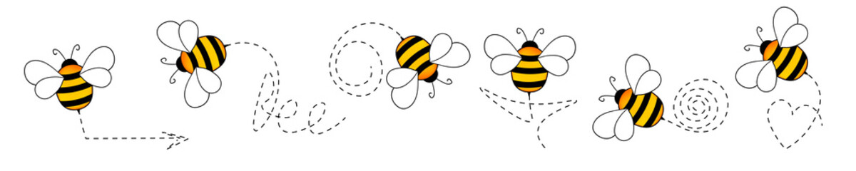 Set of cartoon bee mascot. A small bees flying on a dotted route. Wasp collection. Vector characters. Incest icon. Template design for invitation, cards. Doodle style