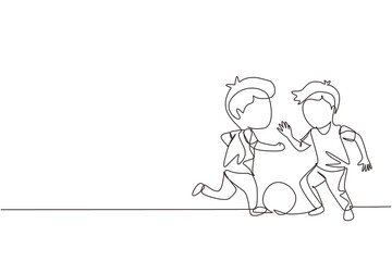 Single one line drawing boys playing football together. Two happy little kids playing sport in uniforms. Smiling children kicking ball by foot between them. Continuous line draw design graphic vector