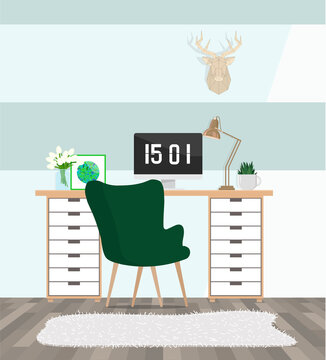 Workplace with green chairWorkplace with green armchair and deer head on the wall